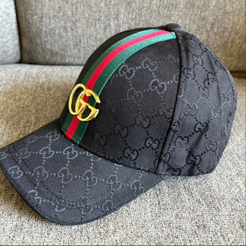 Gucci Black Hat with Gold GG and Red-Green Stripe - Picture 2 of 4